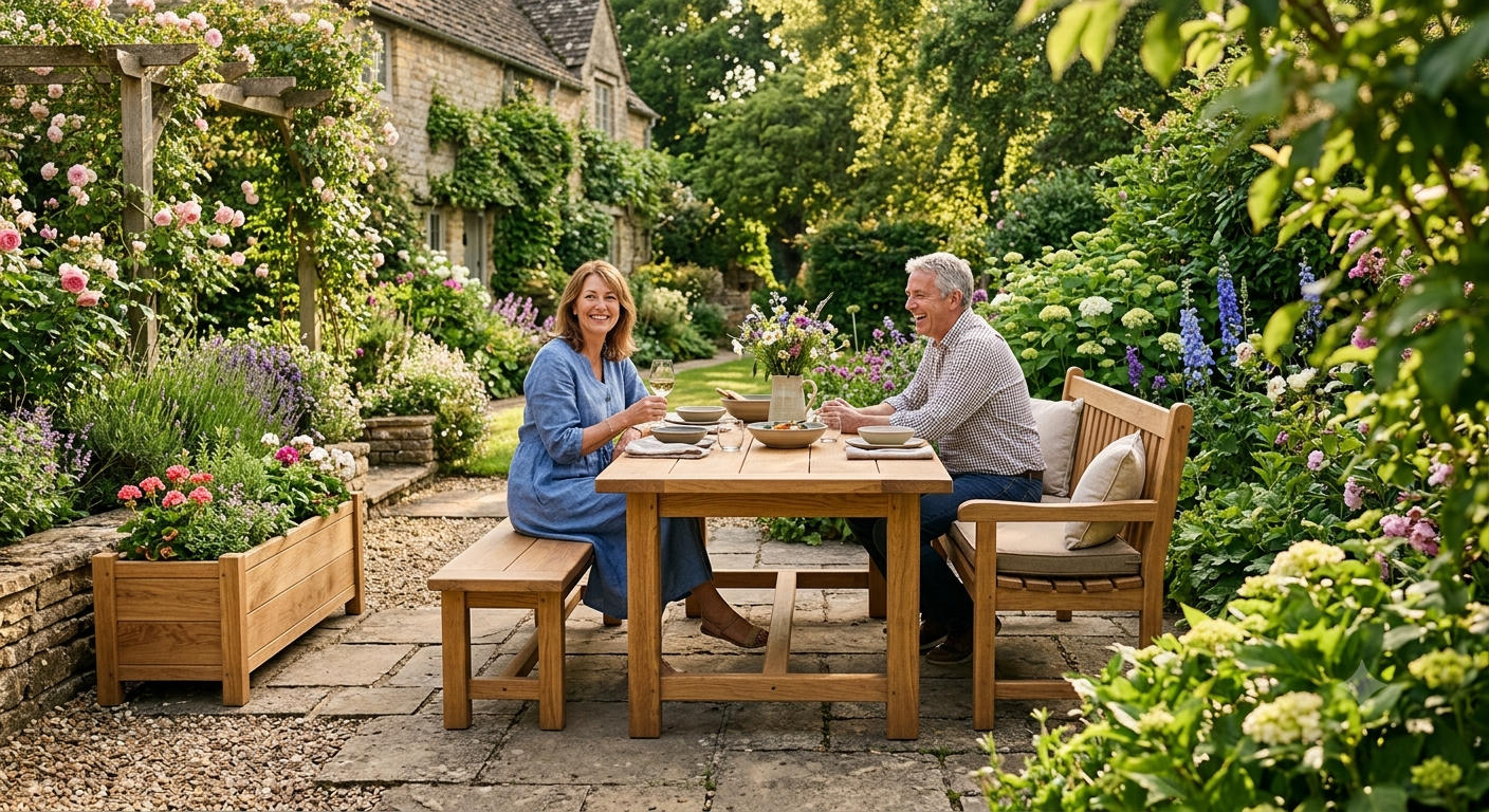 Custom made-to-measure garden furniture — wooden tables, benches and planters built in Exeter, Devon
