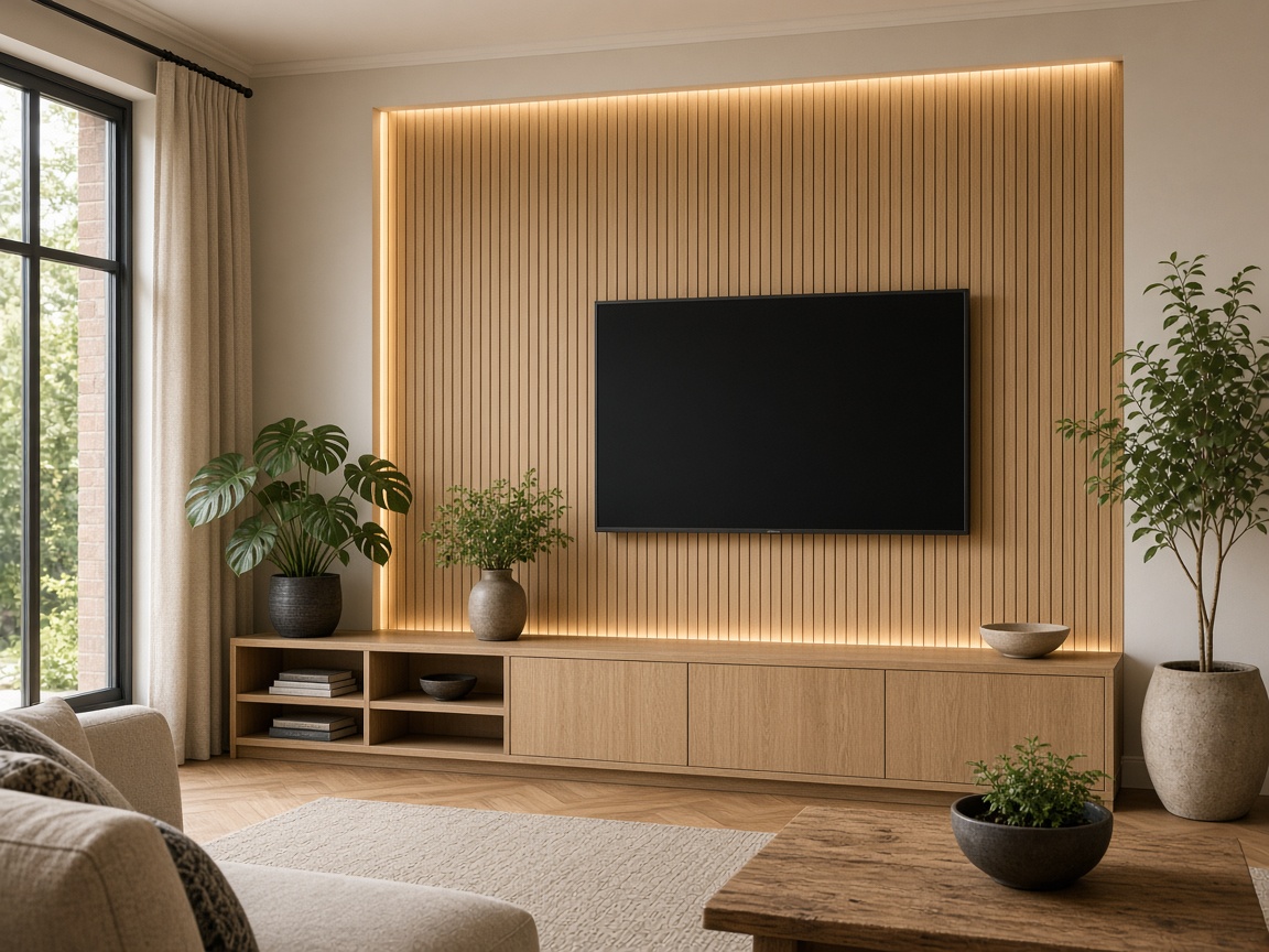 Custom oak slat media wall with TV in a British living room