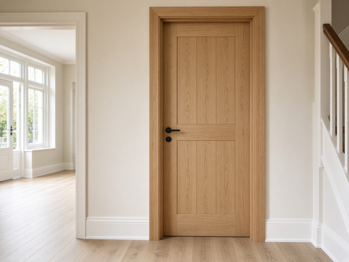 Newly fitted oak internal door, skirting and architrave